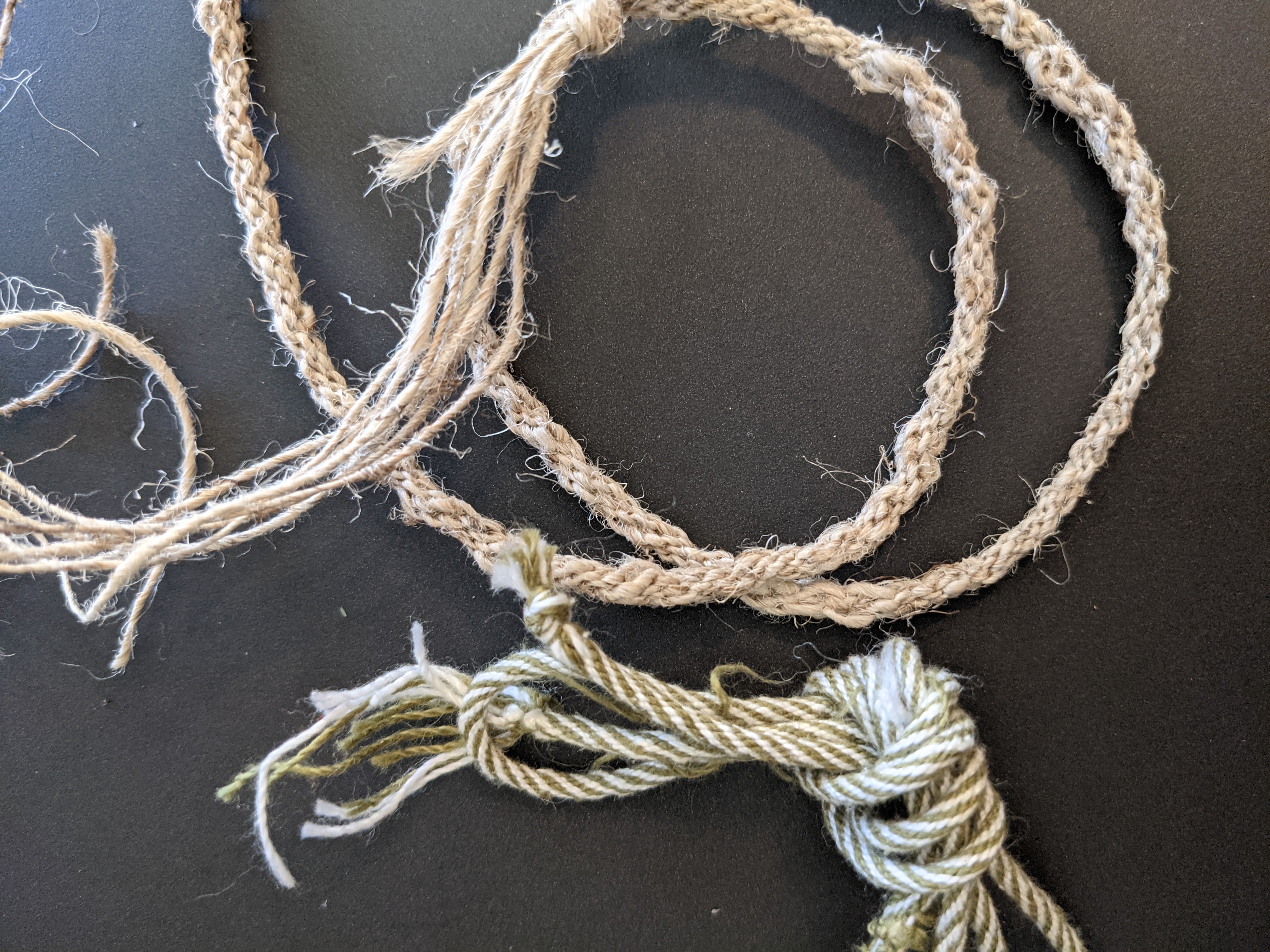 Off-white nettle cord with green and white cotton cord.