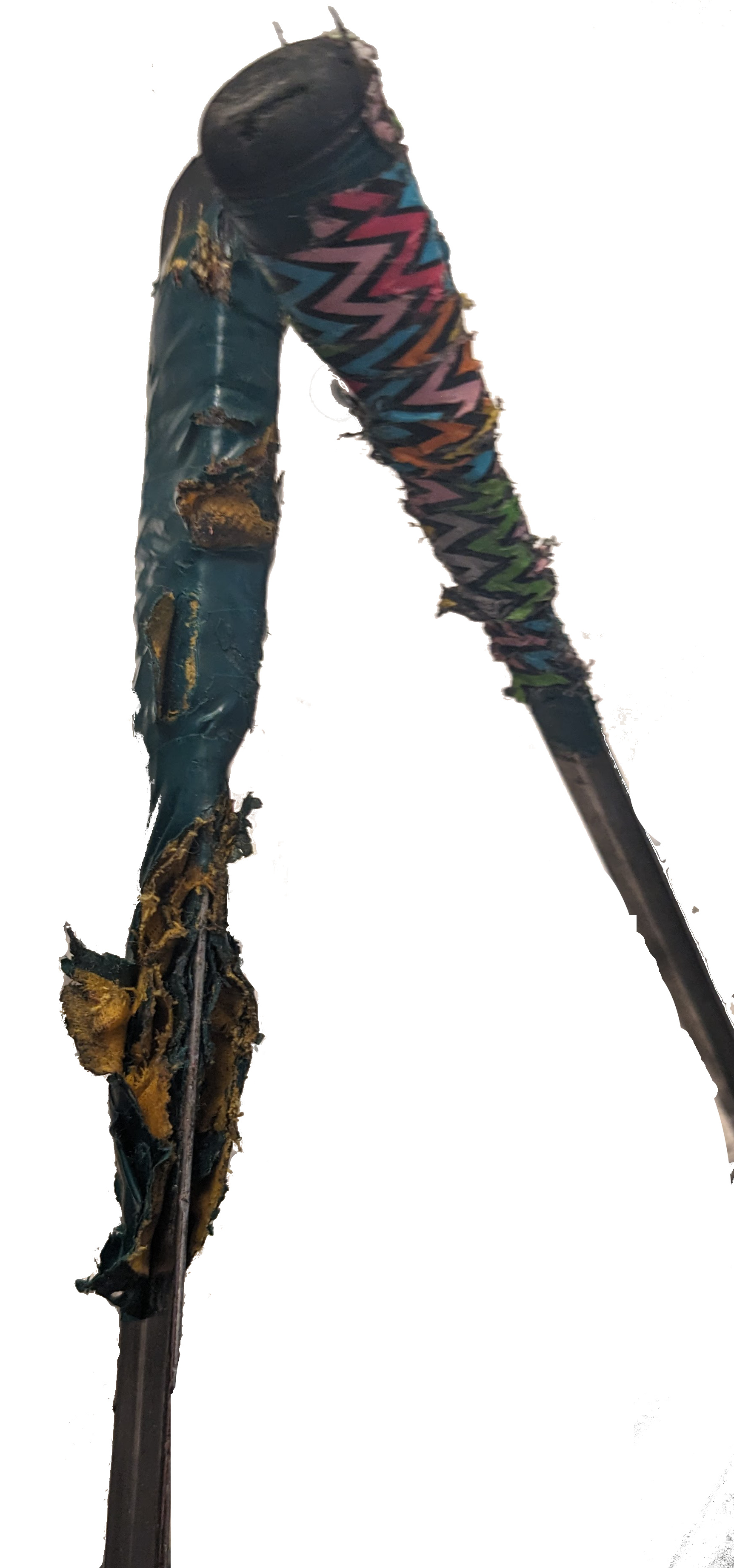 Taped rapier and katana tips, on a white background. The tape is battered and the edge of the katana blade is visible through it.