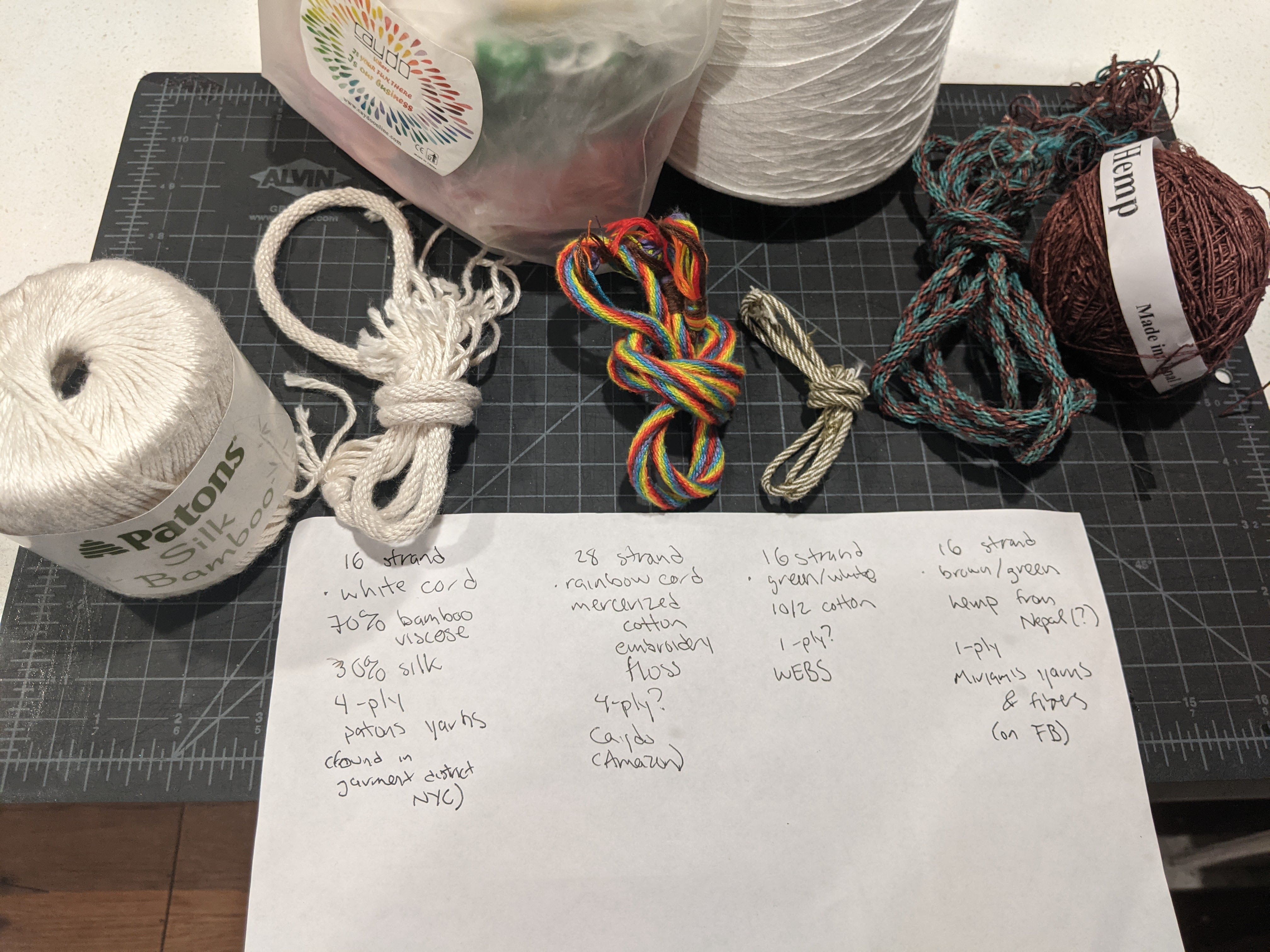 Comparison of four kumihimo braids, with handwritten descriptions.