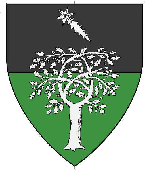 Shield, a white tree with a white comet above it. Background is black on top half and green on bottom half.
